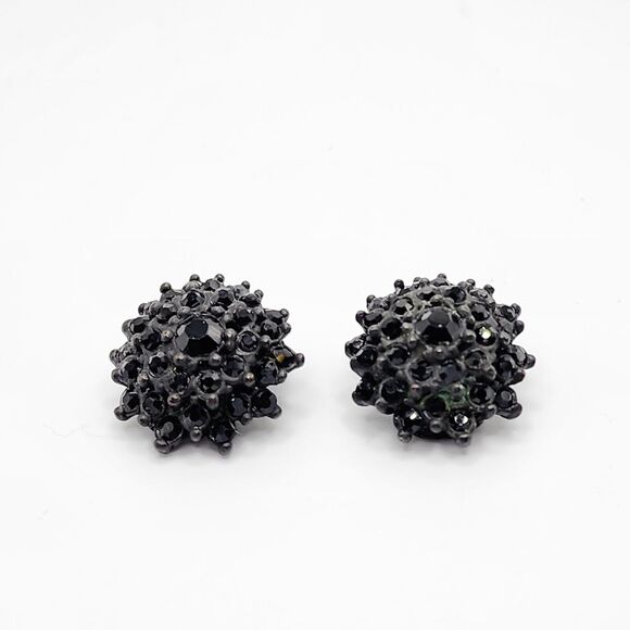 GRAZIANO Vintage Clip Earring Black Metal Rhinestone Crystal Small Signed Stud - Picture 1 of 5